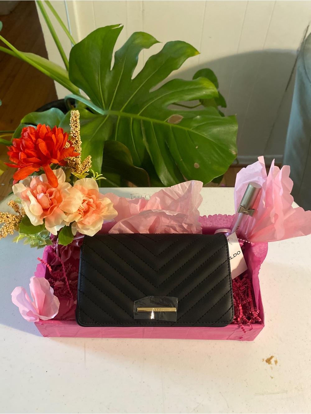 Aldo Black Quilted Chevron Clutch with Gold Accent